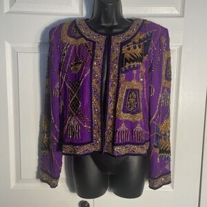 Vintage Niteline Della Roufogali Sequin Jacket Women M Purple Embellished Silk